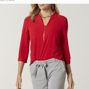 JUCLYN SMITH Blouse, Sz S, Red, 3/4 Sleeve, 2 Pockets, Polyester